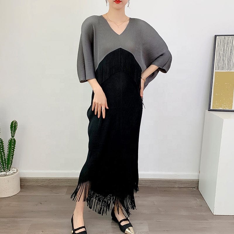 OUDINA New Women Clothing Dress Contrast Color V-neck Loose Elegant Tassel Fringe Casual Long Womans Dresses