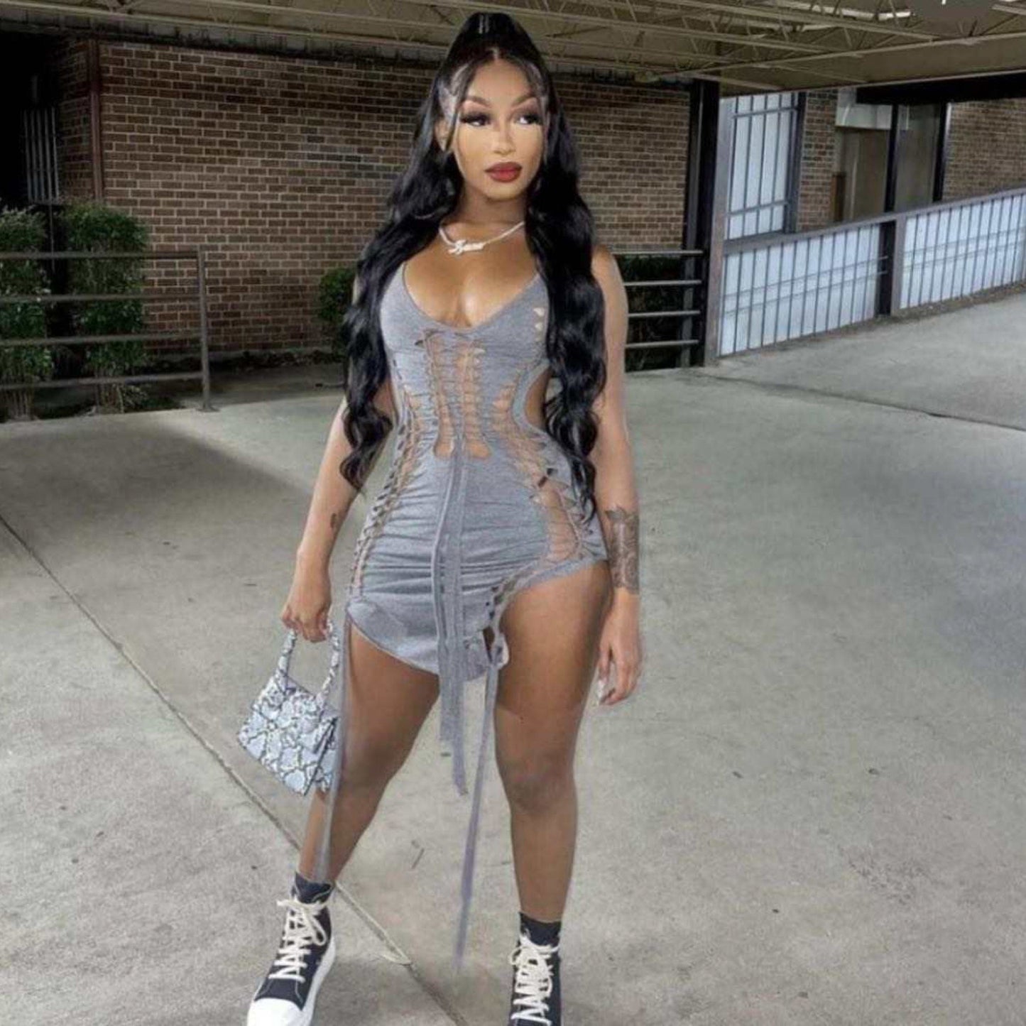 OUDINA New Wrap Chest Zipper Stitching Short Bodycon Wash Jean Dresses Denim Dress Women