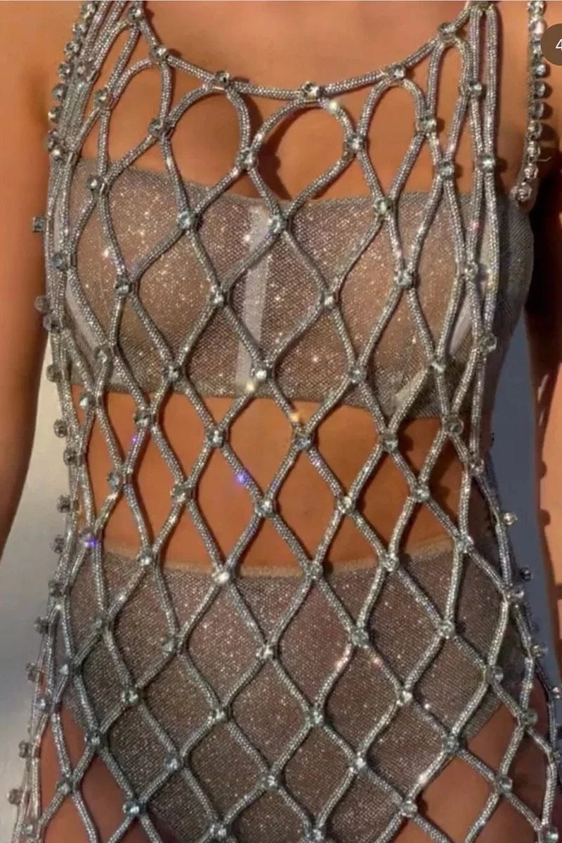 OUDINA Popular Rhinestone Mesh Hollow Tassel Body Chain Dress Crop Tops Shorts 3 Piece Set Women's Clothing Sets For Women