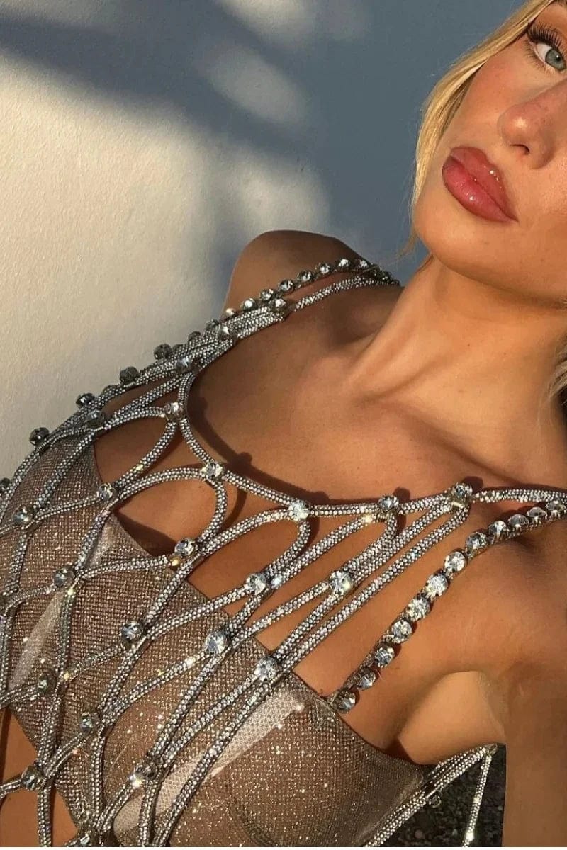 OUDINA Popular Rhinestone Mesh Hollow Tassel Body Chain Dress Crop Tops Shorts 3 Piece Set Women's Clothing Sets For Women