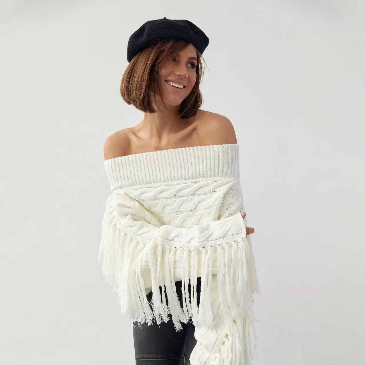 OUDINA Popular Women's Off Shoulder Sweater Autumn And Winter Tassel Solid Color Slimming Knitted Sweater