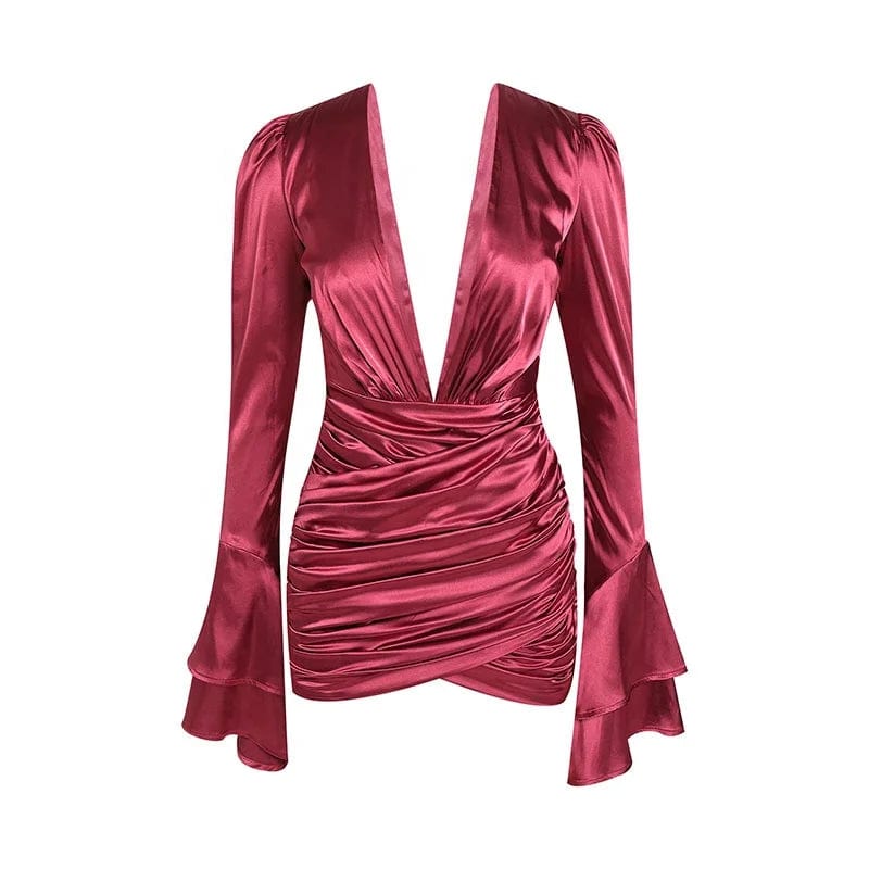 OUDINA Stylish Pleated Red Evening Elegant Trumpet Long Sleeve Women's Clothing Short Party Dresses
