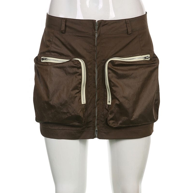 OUDINA Trendy Wholesale Solid Color High Waist Big Pocket Zipper Sexy Mini Cargo Short Skirts For Women Skirt