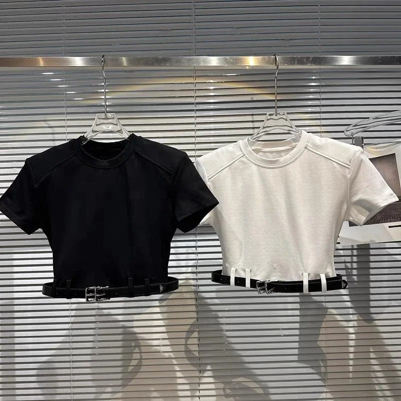 OUDINA Wholesale Casual Tops Belt Shoulder Pads Short Sleeve T-shirt Plain White Women Crop T Shirt