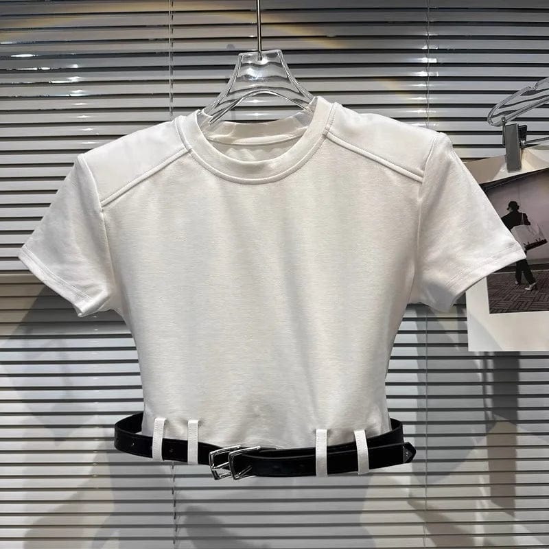 OUDINA Wholesale Casual Tops Belt Shoulder Pads Short Sleeve T-shirt Plain White Women Crop T Shirt