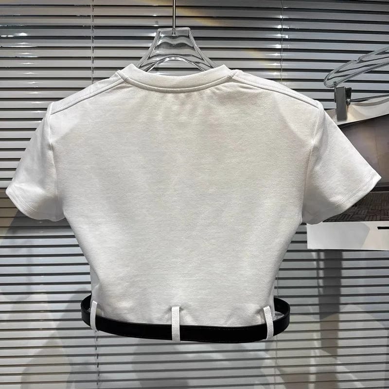 OUDINA Wholesale Casual Tops Belt Shoulder Pads Short Sleeve T-shirt Plain White Women Crop T Shirt