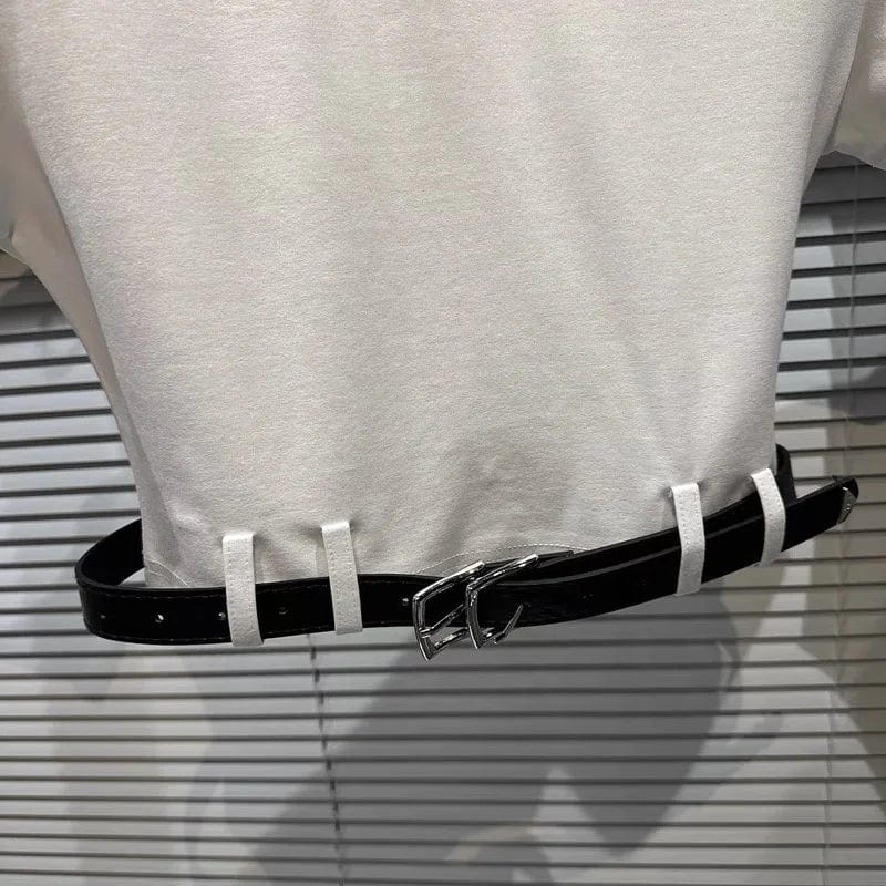 OUDINA Wholesale Casual Tops Belt Shoulder Pads Short Sleeve T-shirt Plain White Women Crop T Shirt