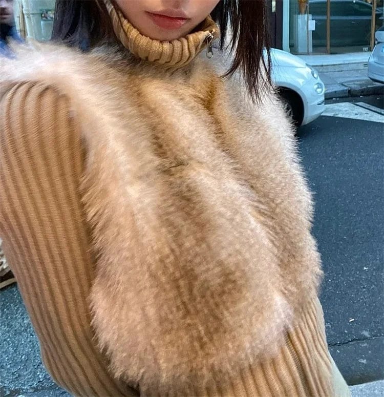 OUDINA Wholesale Hot Girl Winter Stand Collar Zipper Sweaters Fur Top Ladies Cardigan Sweater