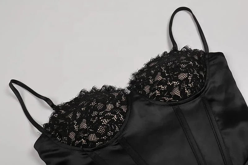 OUDINA Woman Stylish Elegant High Slit Tube Top Pleated Lace Sexy Evening Dress For Women