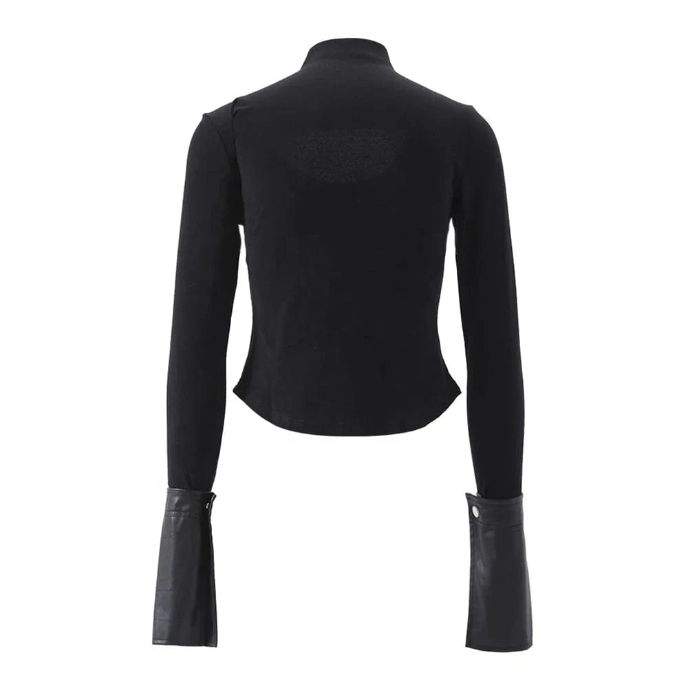 OUDINA Women's Clothing New Tops Sexy Slim Fit Bottoming Shirt Hollow Stitching PU Cuff Design Knitted Top