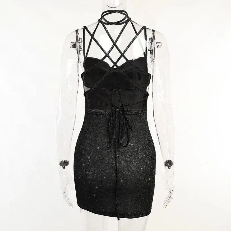 OUDINA Women's Fashion Party Glitter Dress Backless Strappy European And American Commuter Short Club Dresses