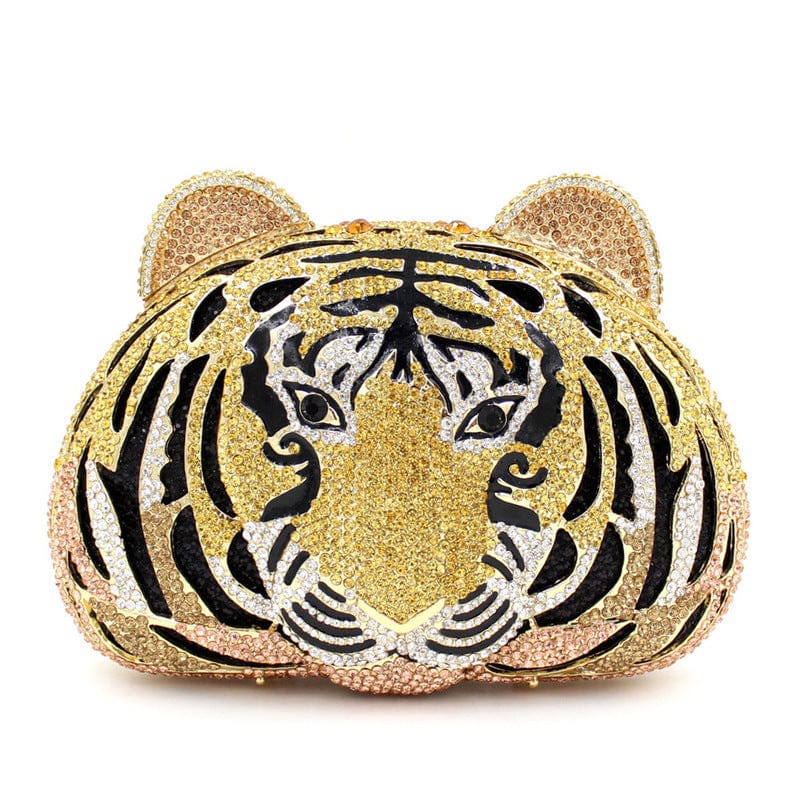 panda 11*6*15 cm / 220-FG-The tiger head-GOLD Panda Shaped Handbag Purse Women Diamond Clutch Animal Bear Shaped Bling Evening Bag
