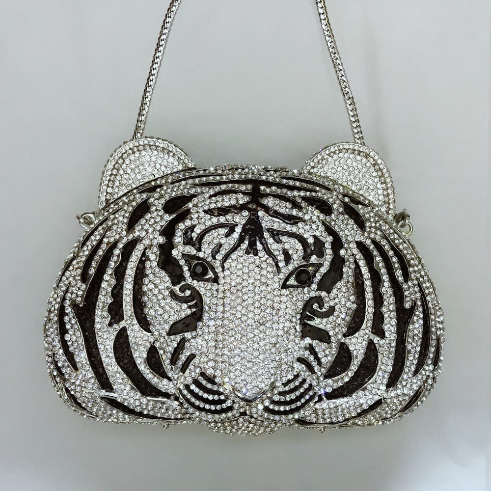 panda 11*6*15 cm / 220-FG-The tiger head-silver Panda Shaped Handbag Purse Women Diamond Clutch Animal Bear Shaped Bling Evening Bag