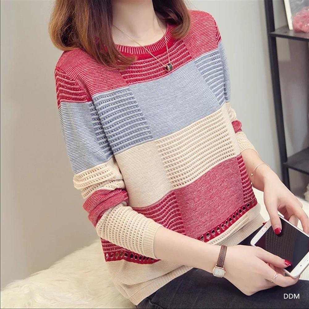 Patchwork Color Block Crew Neck Long Sleeve Mesh Autumn Sweater Women Knitted Fashion Loose Casual Pullovers On Sale Shirts