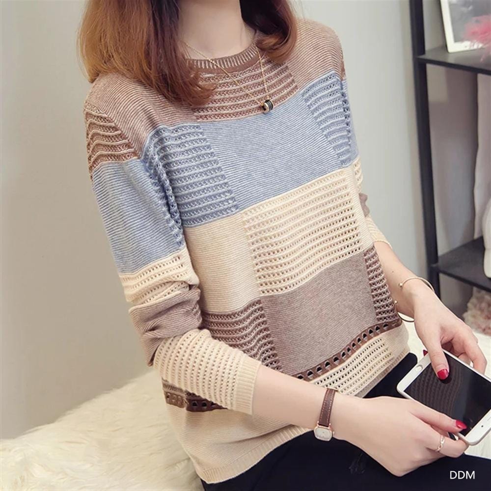 Patchwork Color Block Crew Neck Long Sleeve Mesh Autumn Sweater Women Knitted Fashion Loose Casual Pullovers On Sale Shirts
