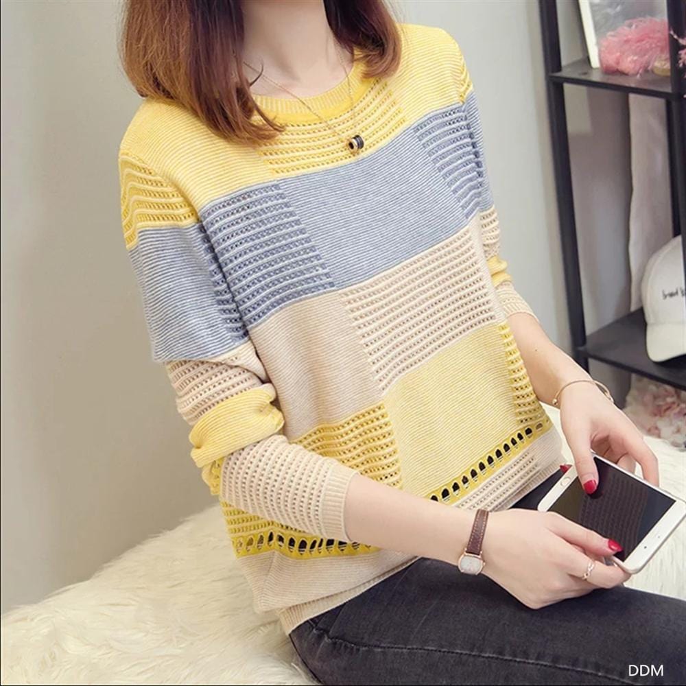 Patchwork Color Block Crew Neck Long Sleeve Mesh Autumn Sweater Women Knitted Fashion Loose Casual Pullovers On Sale Shirts