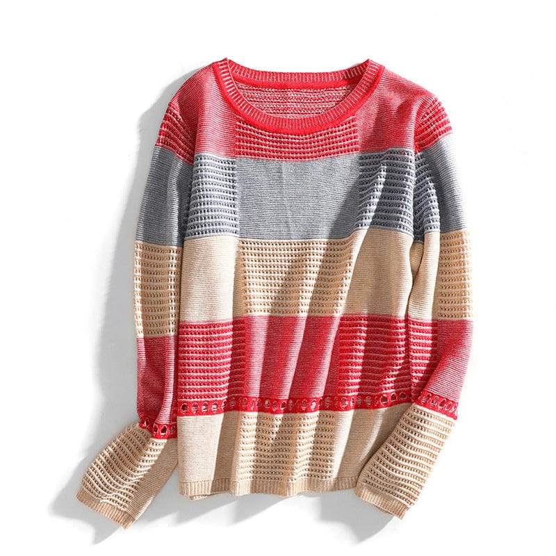 Patchwork Color Block Crew Neck Long Sleeve Mesh Autumn Sweater Women Knitted Fashion Loose Casual Pullovers On Sale Shirts