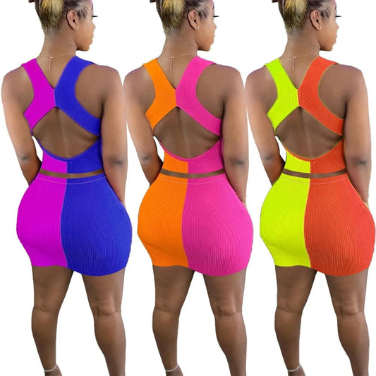 Patchwork Skirt 2 Piece Women Matching Back Cut Out Mini Set Dress Tank Top Skirt Set Women Clothing Summer Knit Top Skirt Set