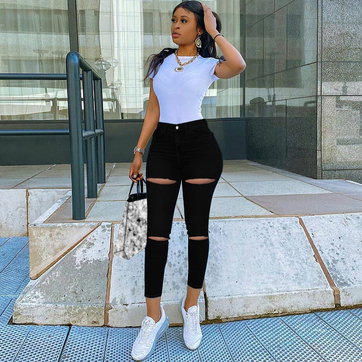 PD9371 Ripped Hole Jeans 2023 New Arrivals Stretch Pencil Pants High Waist Slim Fit Street Wear Denim Jeans Mujer