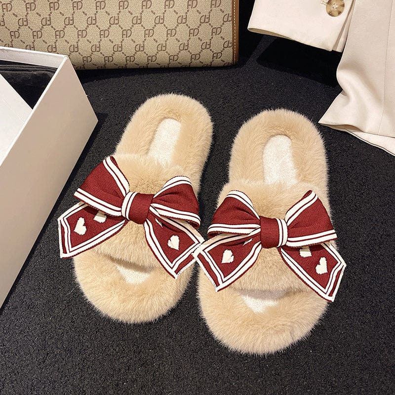 PDE 2023 Bow knot Cotton fashion fur Slippers Winter New Indoor Home furry Plush Slippers for women
