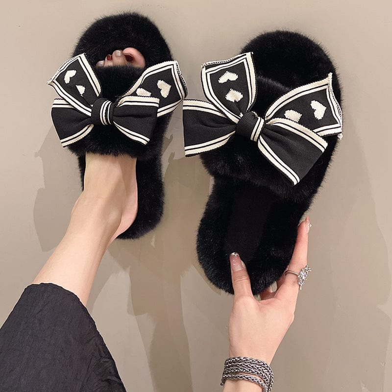 PDE 2023 Bow knot Cotton fashion fur Slippers Winter New Indoor Home furry Plush Slippers for women
