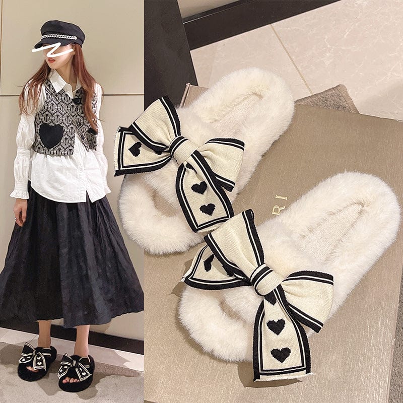 PDE 2023 Bow knot Cotton fashion fur Slippers Winter New Indoor Home furry Plush Slippers for women