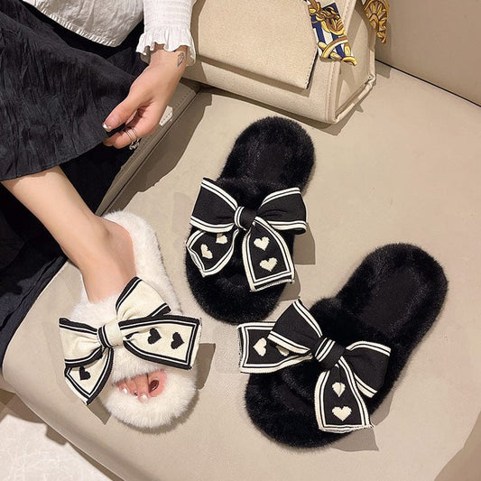 PDE 2023 Bow knot Cotton fashion fur Slippers Winter New Indoor Home furry Plush Slippers for women
