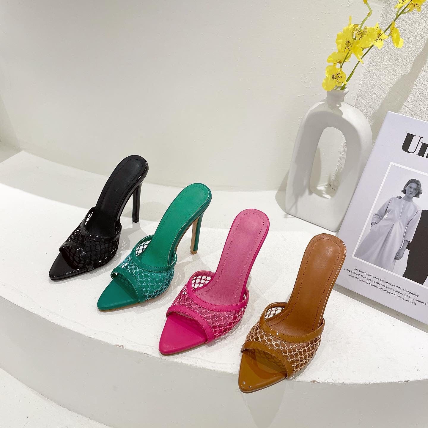 PDEP 2022 Latest Women high Heels Mesh Hollow Upper Pointed Toe Stiletto Slingbacks 4 Colors slipper Heels for ladies
