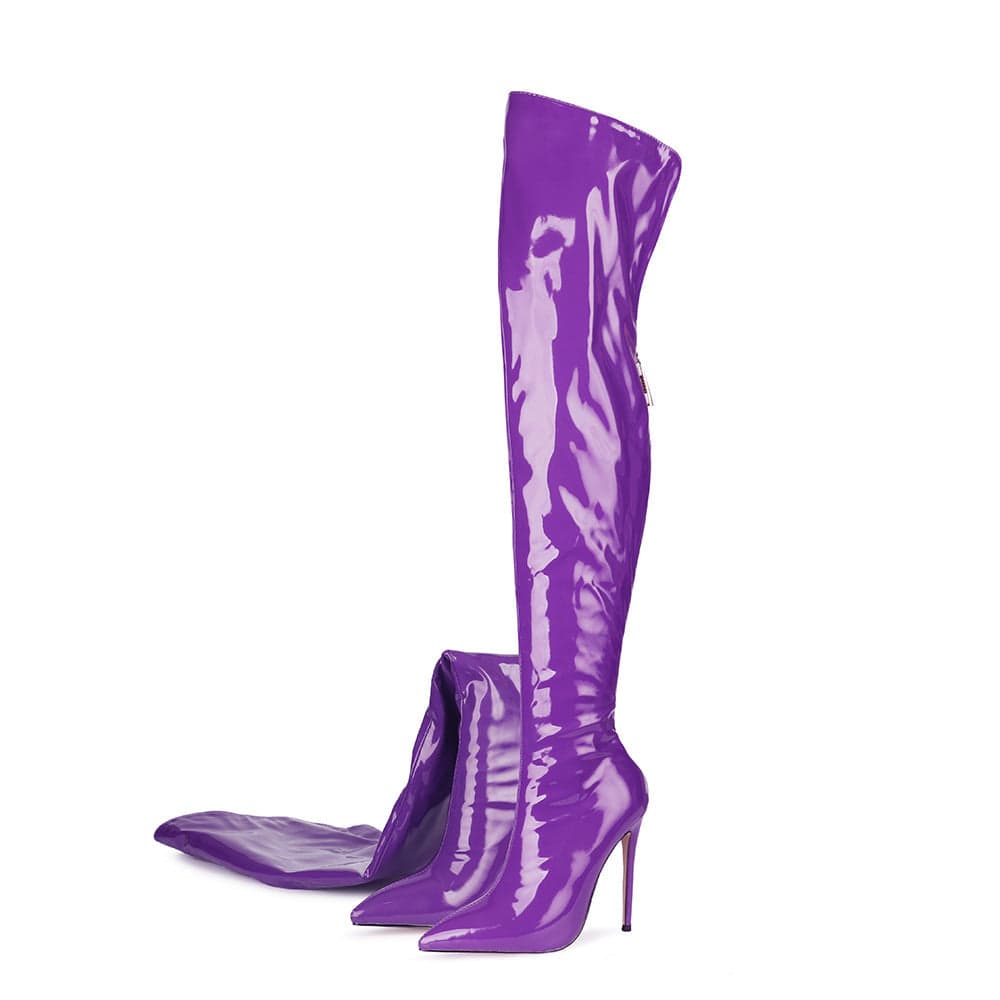 PDEP 2022 new style thigh high boots for women with zipper bright color pink patent shining pu ladies over the knee heel boots