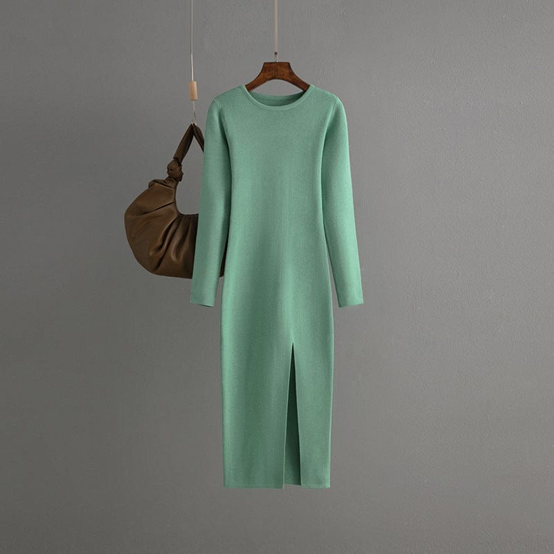 PDEP 2023 autumn and winter slim knit dress mid-length long sleeve skinny bottom-up knit sweater dress for women