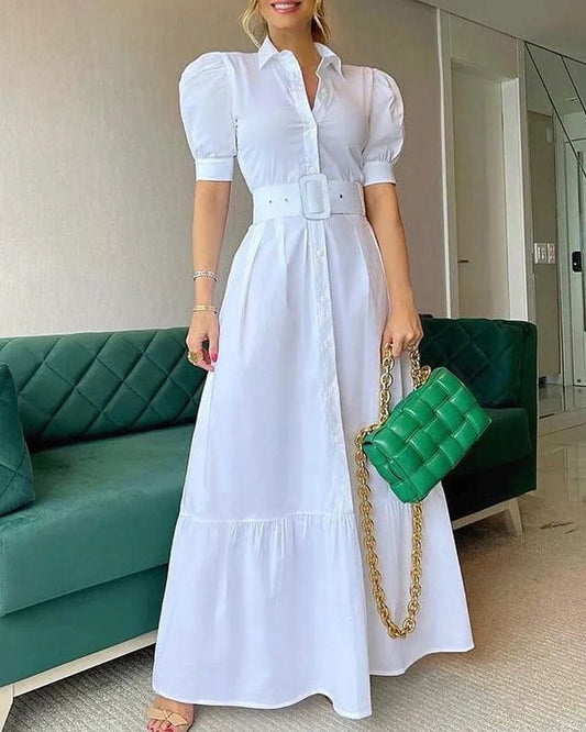 PDEP  2023 women summer new high waist temperament solid color vintage  long skirt slim dress with belt