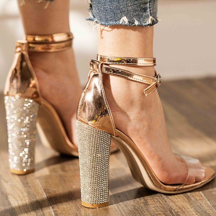PDEP custom high quality rhinestone shining crystal women block heels clear transparent pvc summer ladies high heeled sandals