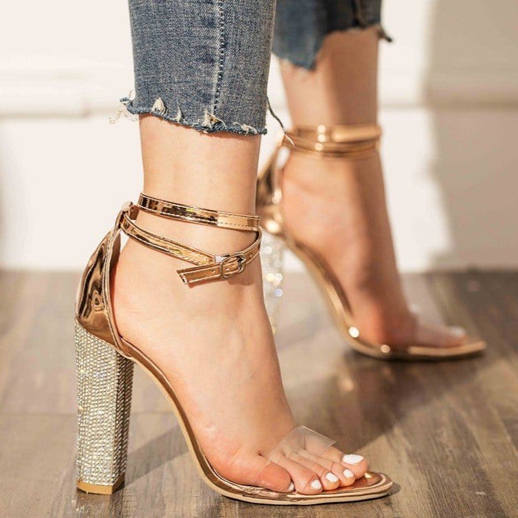 PDEP custom high quality rhinestone shining crystal women block heels clear transparent pvc summer ladies high heeled sandals