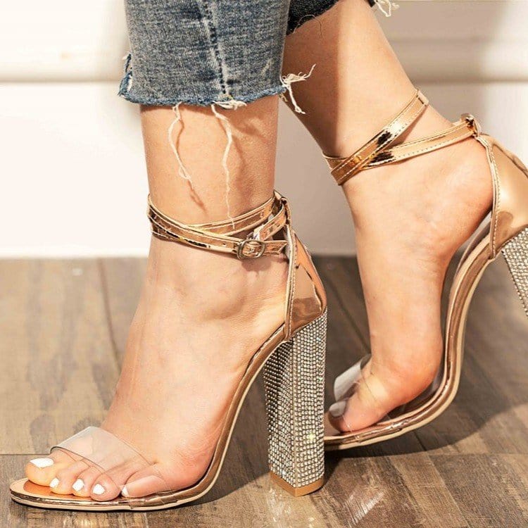 PDEP custom high quality rhinestone shining crystal women block heels clear transparent pvc summer ladies high heeled sandals