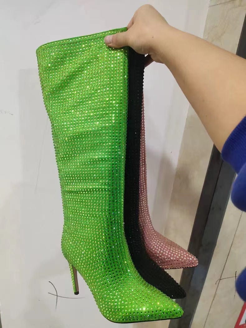PDEP luxury pointed toe designer women rhinestone boots 2022 shining crystal over the knee high thin heel boots for ladies