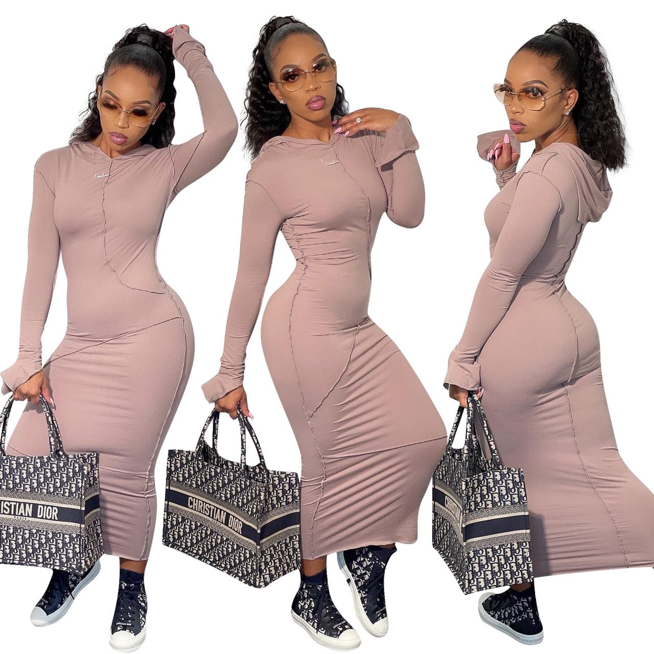 PDEP most popular fall long sleeve hoodies casual dress for women plus size cotton tight soild color sexy long dress for ladies