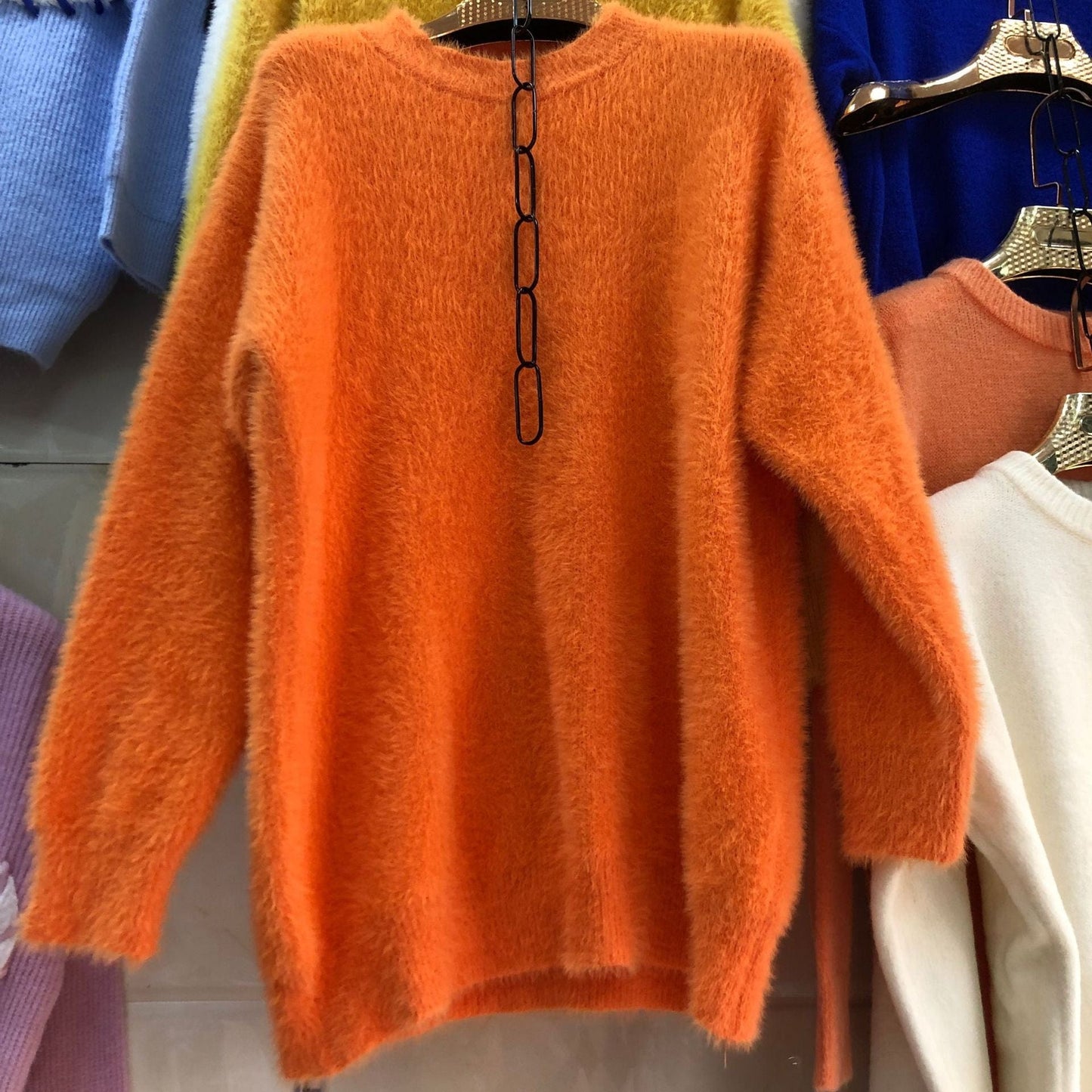 PDEP round neck pullover with imitation mink fur sweater women's loose Korean lazy mohair knitted sweater women