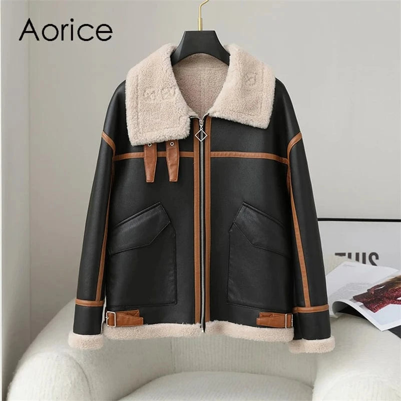 PDUI Women PU Leather Wool Fur Coat Winter Warm Female Girl Sheep Shearing Jacket Parka CT150