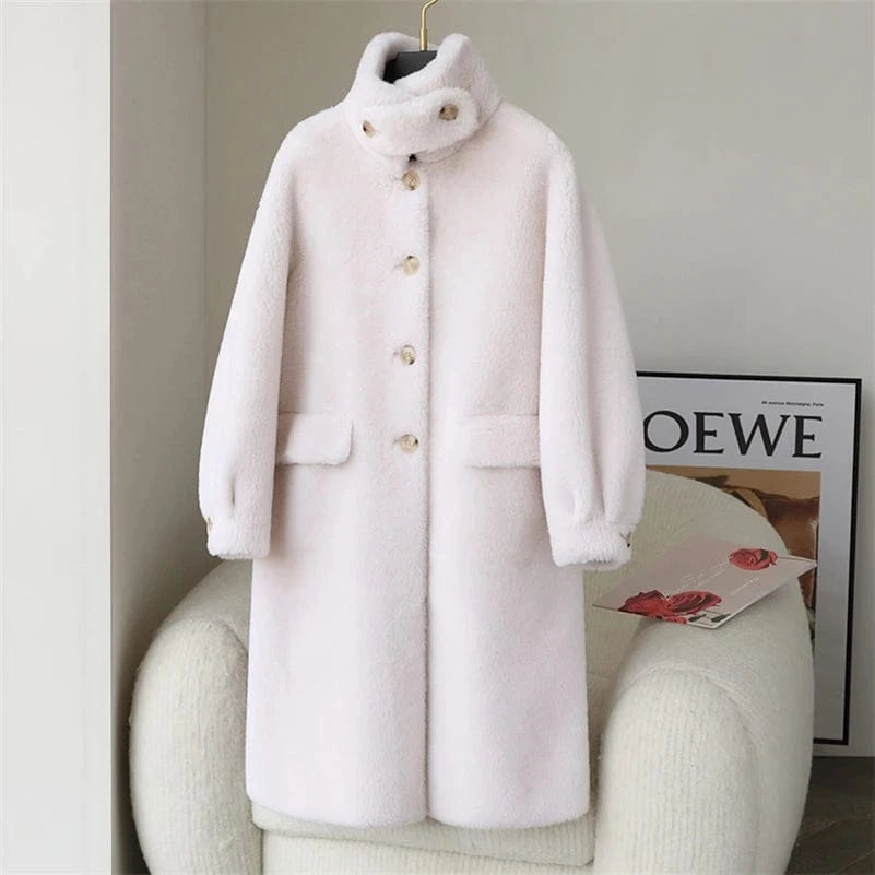 PDUI Women Real Wool Fur Coat Winter Warm Female Girl Sheep Shearing Long Jacket Parka OverCoat CT145