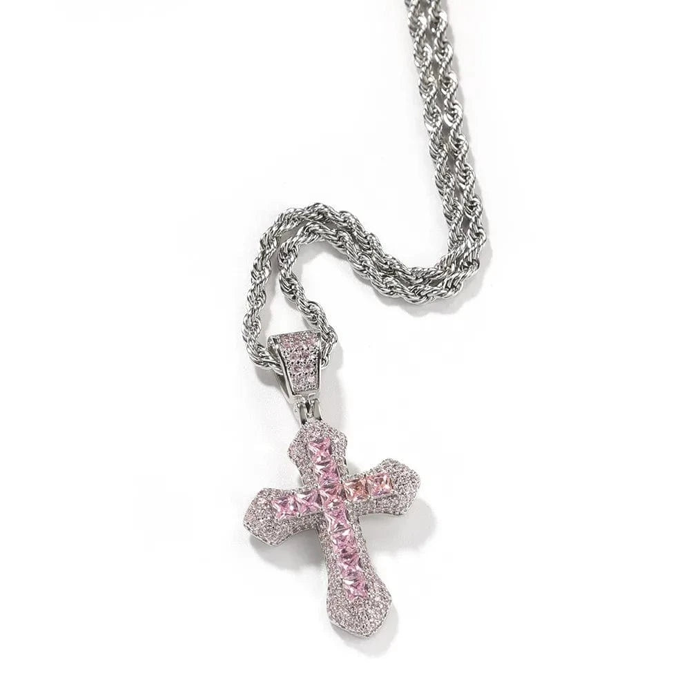 pendant necklace / 24" rope chain / Pink Hiphop Diamond Pave Cross Pendant Necklace Beautiful Red Pink Blue Square Cubic Zirconia Jewelry For Women Man