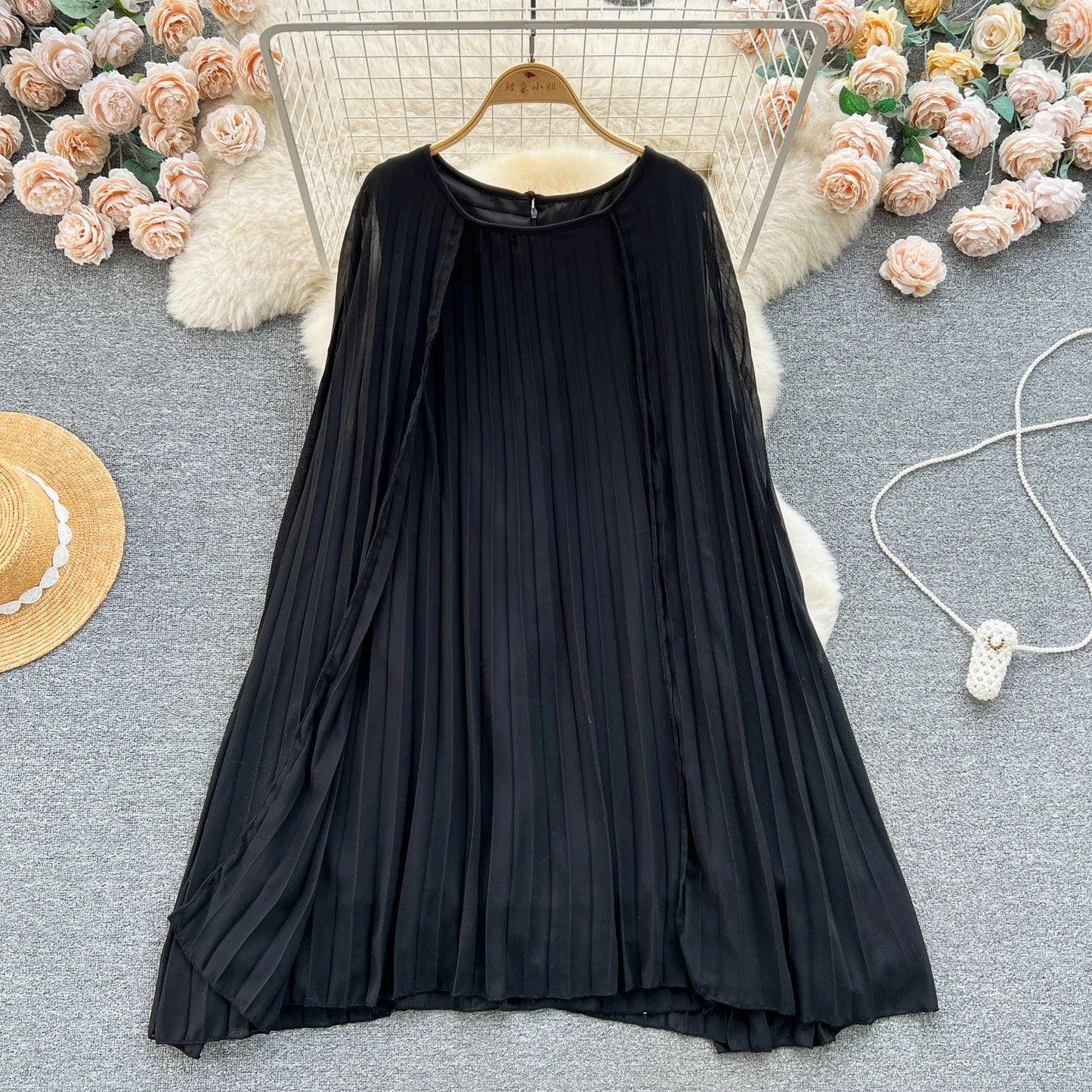 Peter Pan Collar Solid Pleated Dress Autumn Draped High Waist Midi Dress Ladies Elegant Dresses Clothes Women