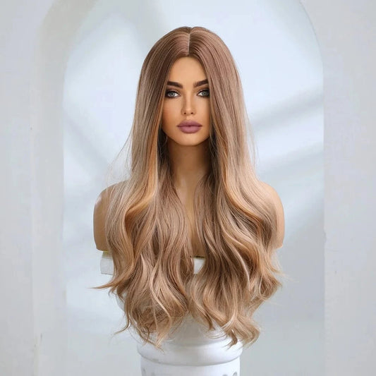 Pic Showed SARLA  Customizable Size High Quality Synthetic Fiber Gold Long Body Wave Rose Nets Full Head Hair Wig For White Women