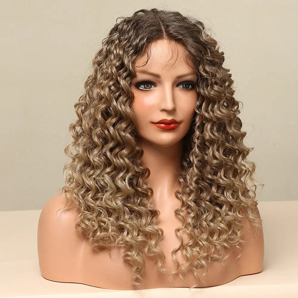 Picture color Long Curly Lace Front Wig for Black Women Ombre Black Brown Water Wave Synthetic Wig with Baby Hair Heat Resistant