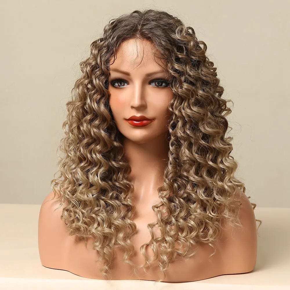 Picture color Long Curly Lace Front Wig for Black Women Ombre Black Brown Water Wave Synthetic Wig with Baby Hair Heat Resistant