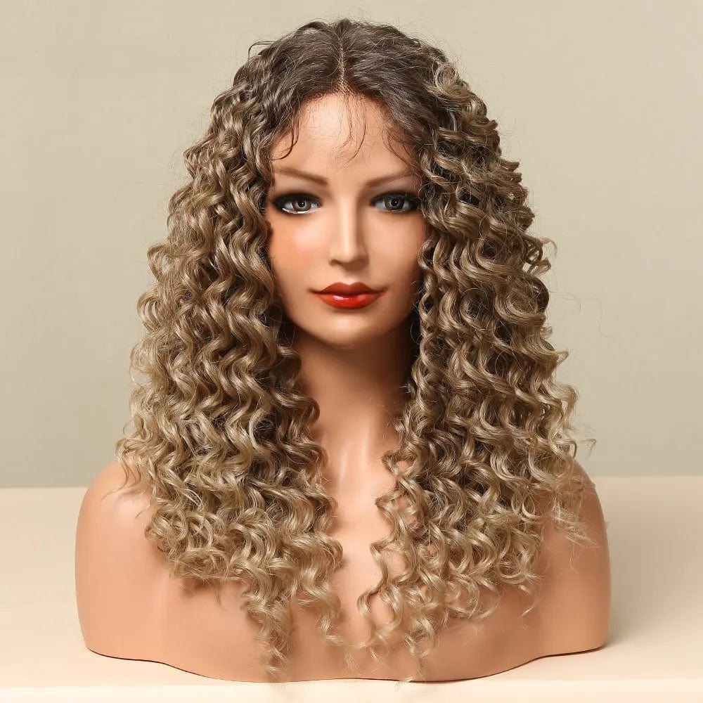 Picture color Long Curly Lace Front Wig for Black Women Ombre Black Brown Water Wave Synthetic Wig with Baby Hair Heat Resistant