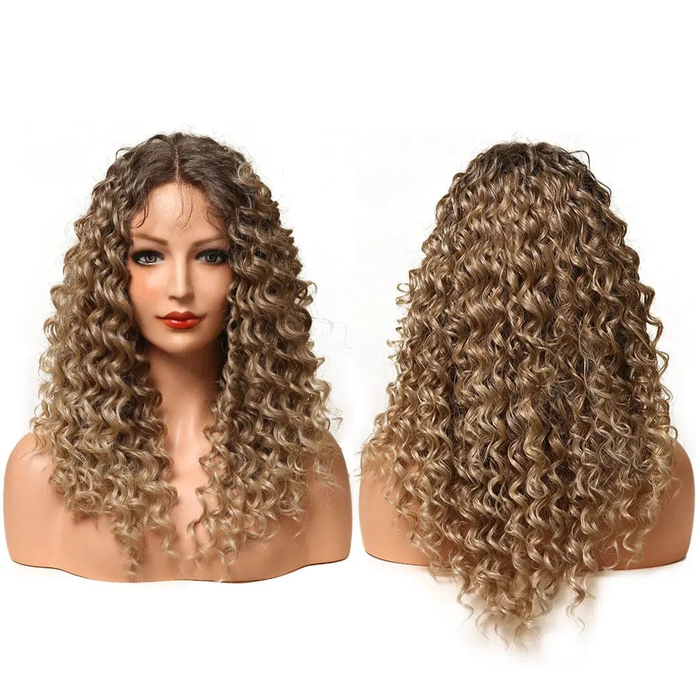 Picture color Long Curly Lace Front Wig for Black Women Ombre Black Brown Water Wave Synthetic Wig with Baby Hair Heat Resistant