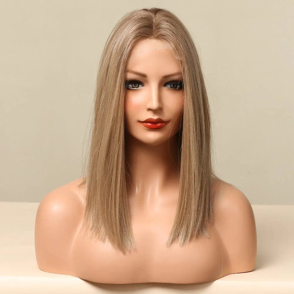 Picture color Medium Straight Synthetic Lace Frontal Wigs for Women Natural Ombre Brown Golden Hair Lace Wigs