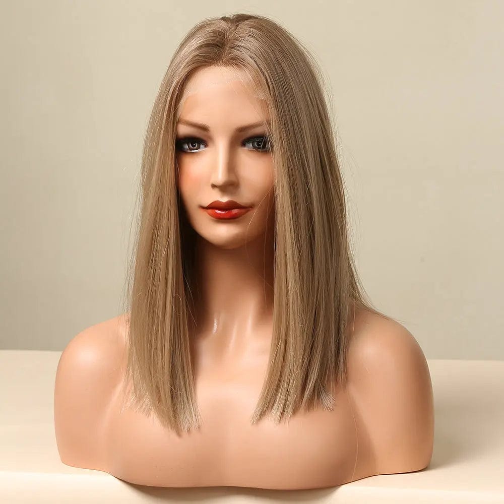 Picture color Medium Straight Synthetic Lace Frontal Wigs for Women Natural Ombre Brown Golden Hair Lace Wigs