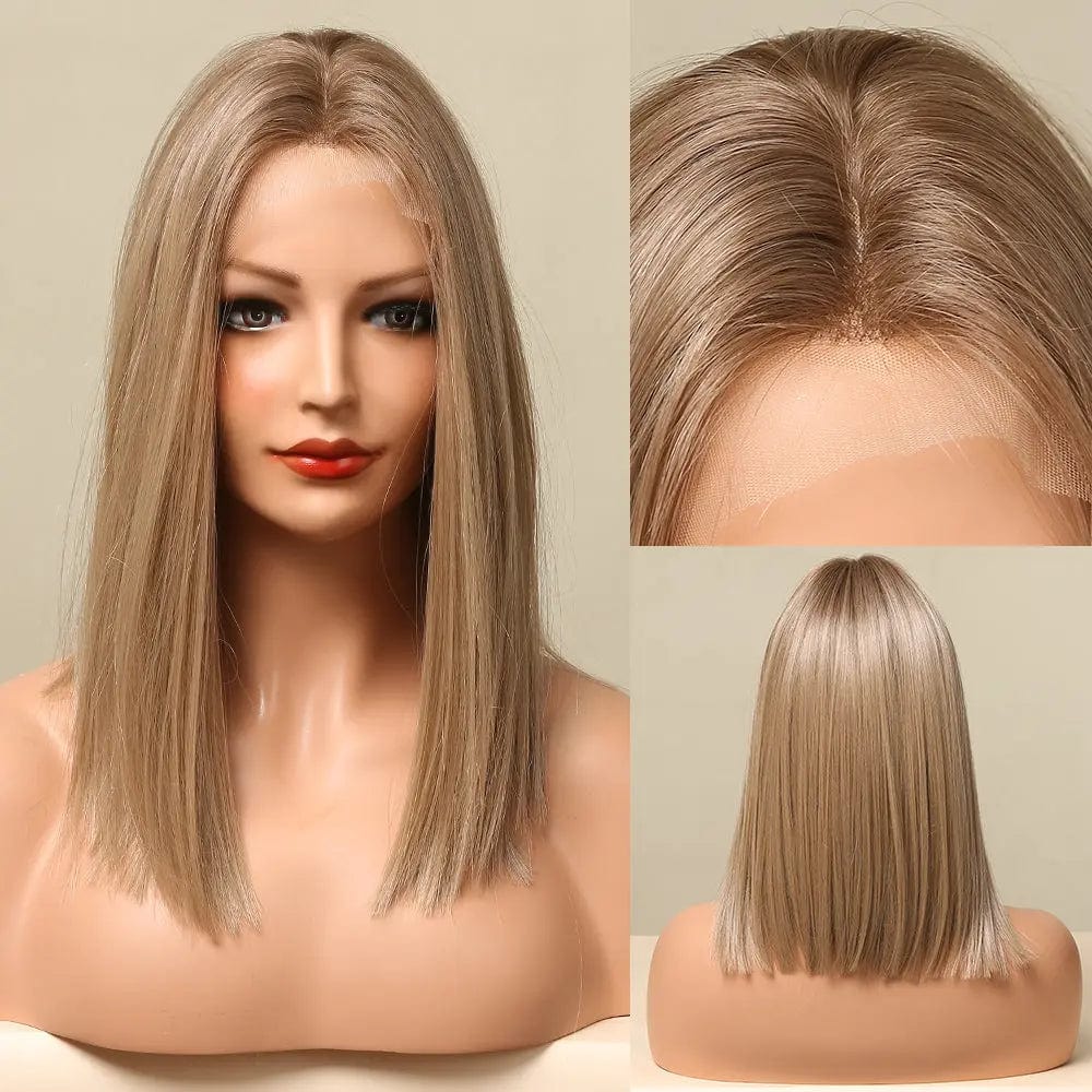 Picture color Medium Straight Synthetic Lace Frontal Wigs for Women Natural Ombre Brown Golden Hair Lace Wigs