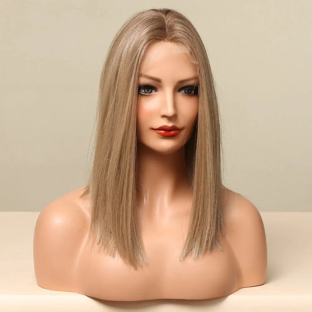 Picture color Medium Straight Synthetic Lace Frontal Wigs for Women Natural Ombre Brown Golden Hair Lace Wigs